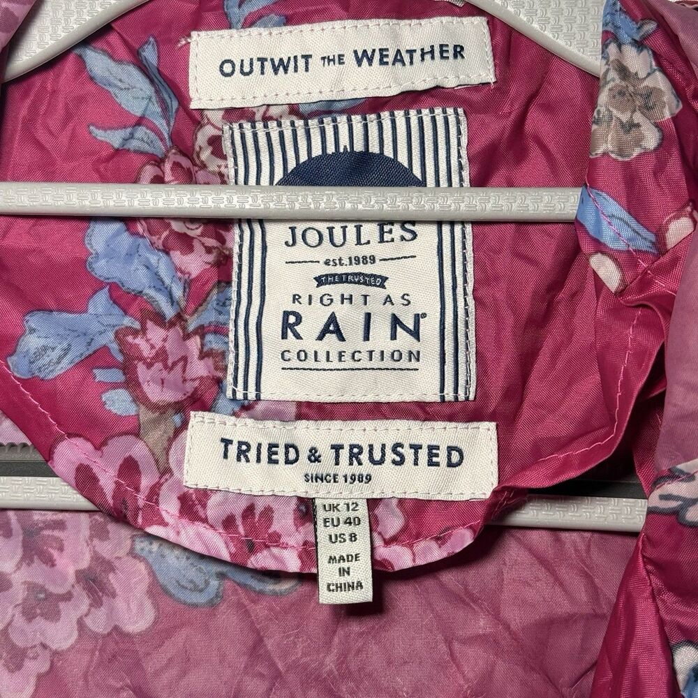 Joules Right as Rain Women's 8 Raincoat Pink Floral Hooded Waterproof Minimalist - Picture 4 of 9